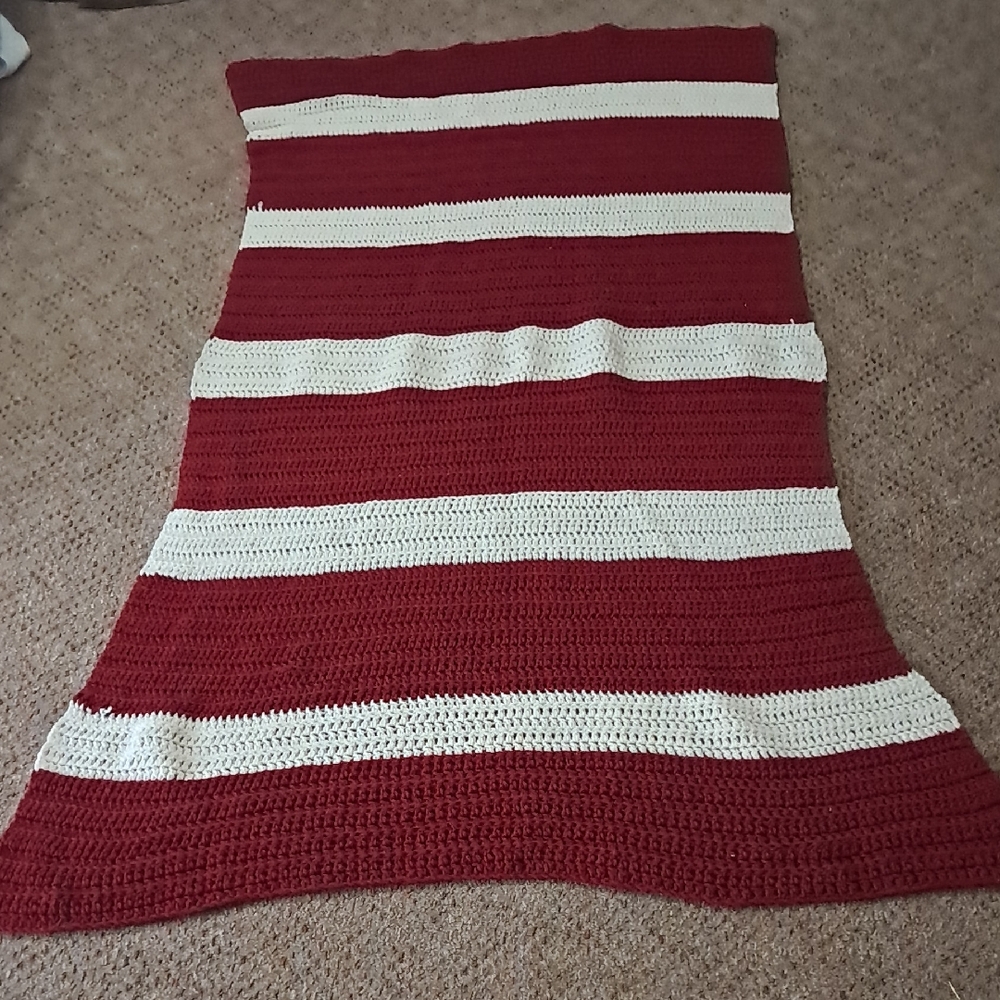 Red and White Striped Crochet Blanket 68 By 33